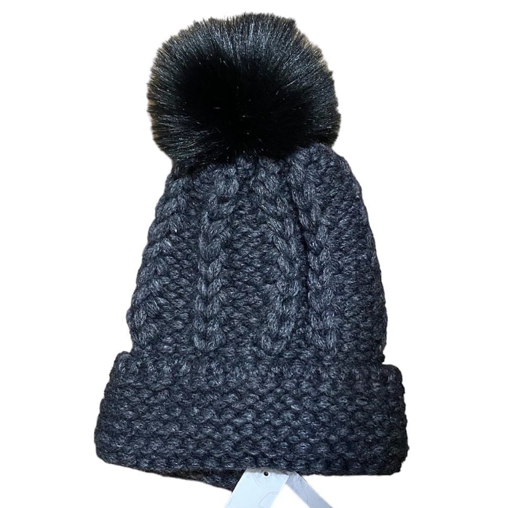 AQUA Bloomingdales Women's Charcoal Black Pom Pom Beanie Chunky Knit Alpaca NWT