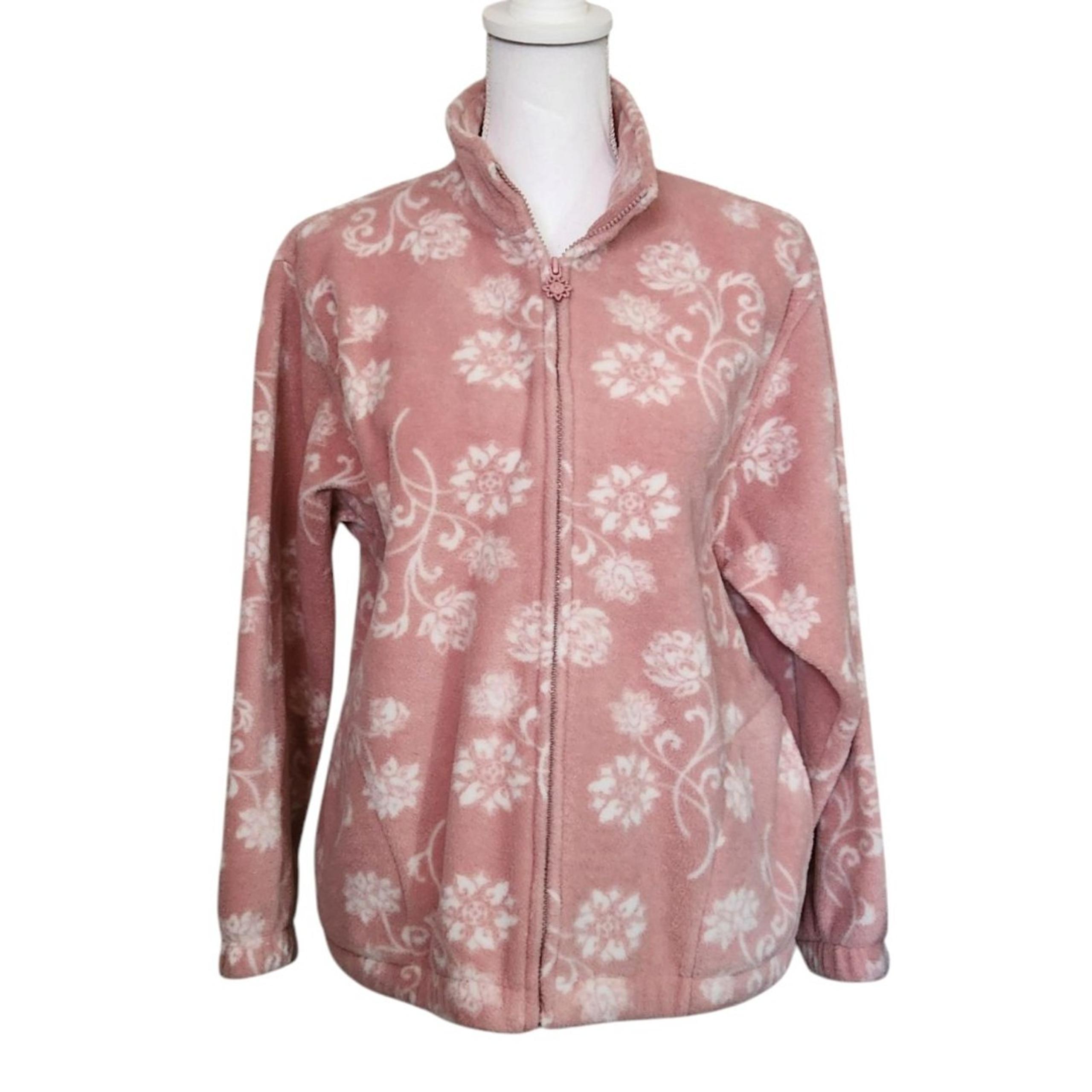 Alfred Dunner Fleece Jacket Full Zip Pink w/ White Flowers Womens Petite Medium
