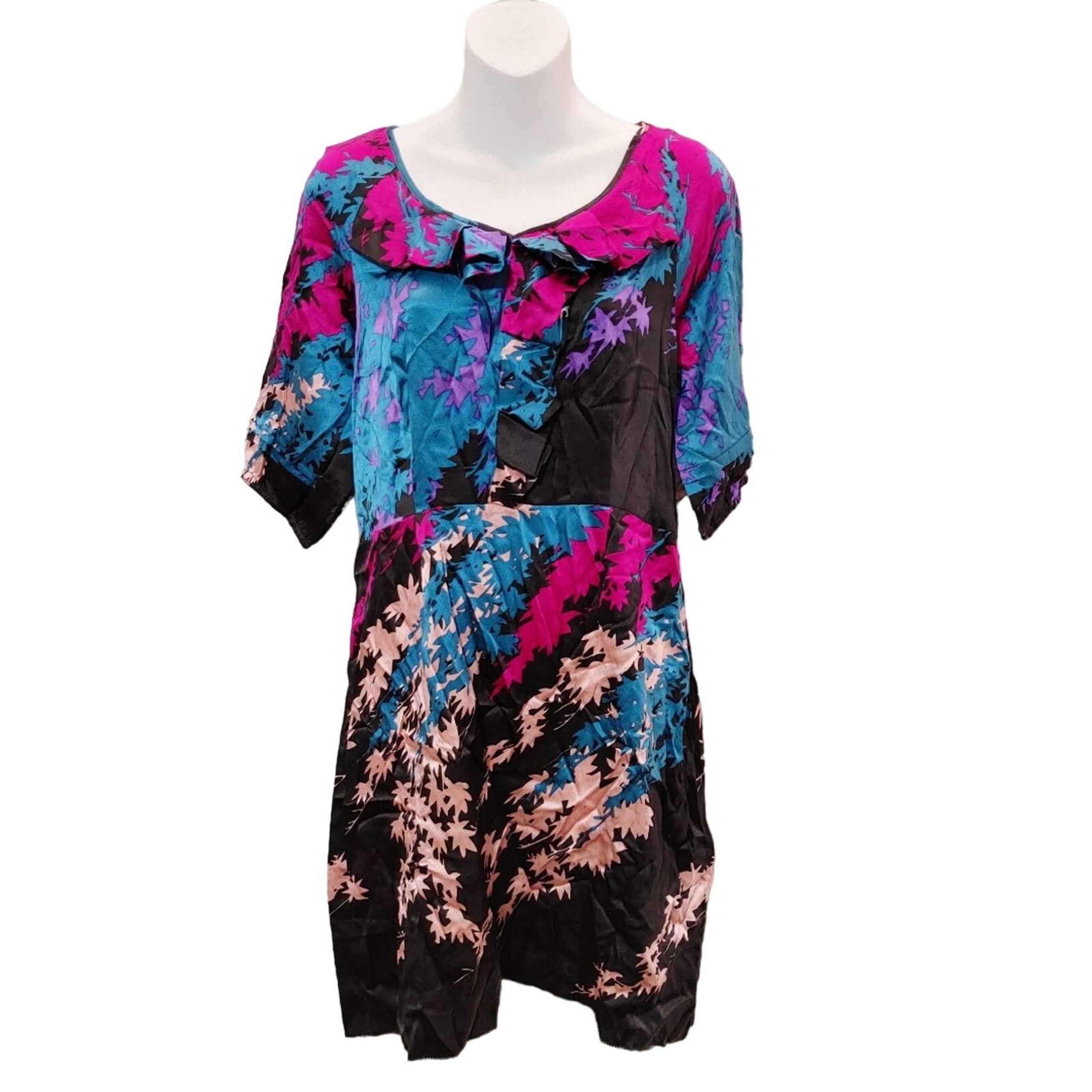 Diane von Furstenberg Silk Floral Leaf Mini Dress Satin Blue Pink Womens Size 4