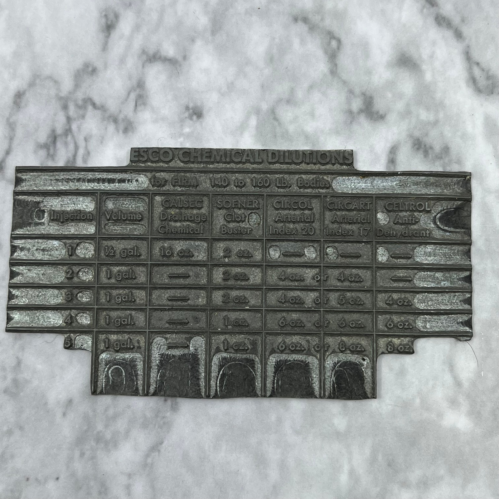 Vintage Letterpress Printers Block Plate Esco Chemical Dilutions Table TJ513