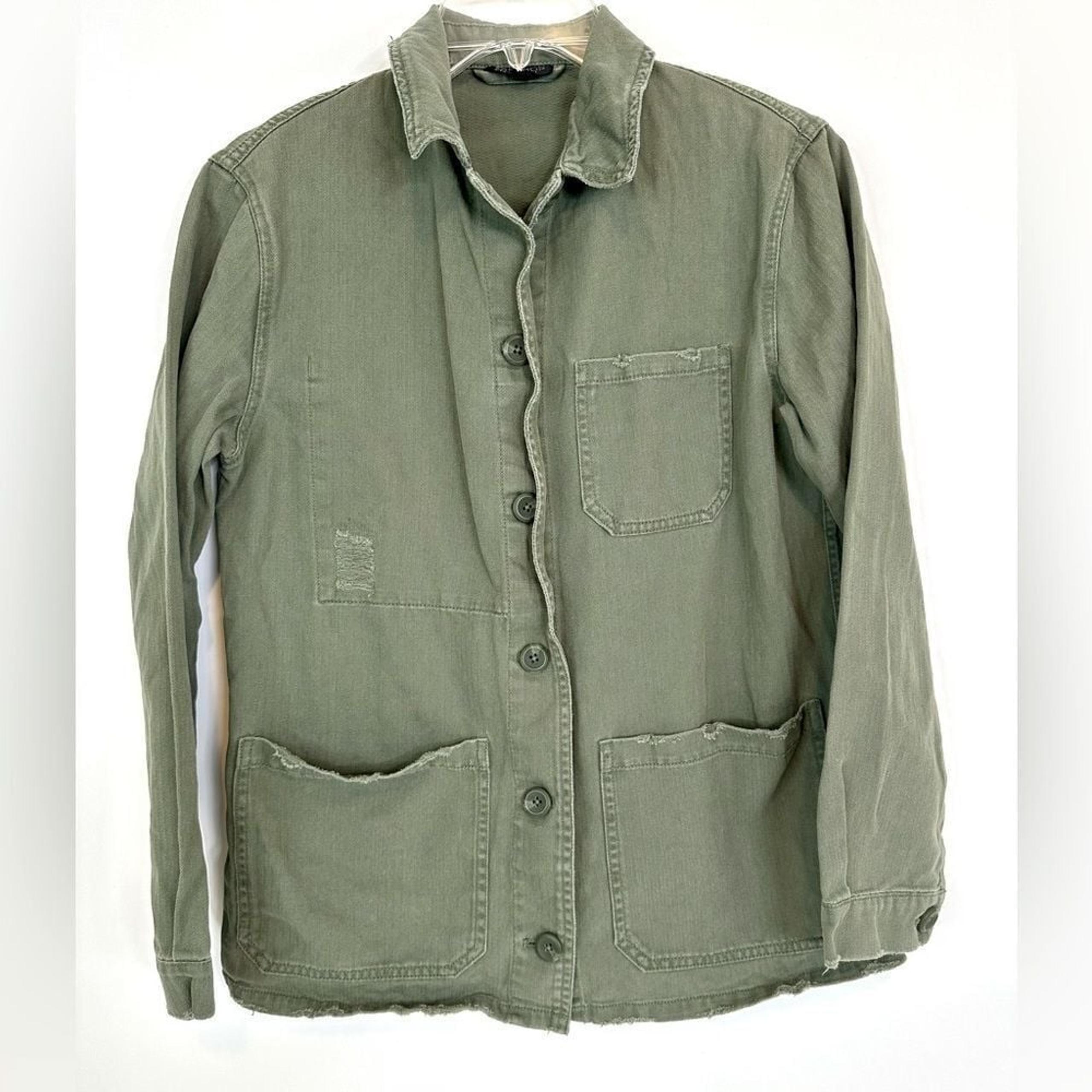 Topshop Top Womens 4 Utility Jacket Green Button Front Distressed