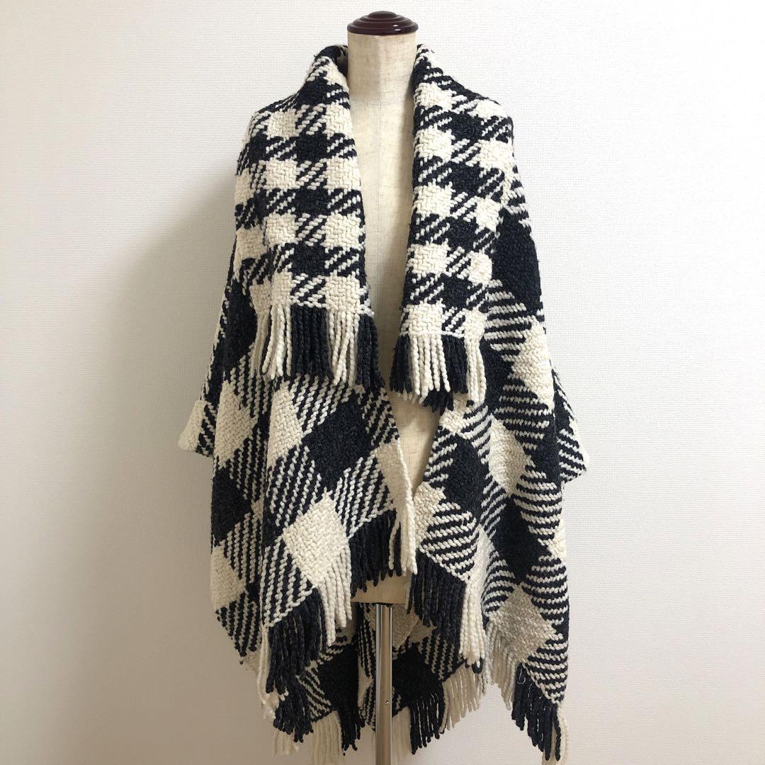 AESSAI Check Fringe Poncho Stole Poncho Wrap Wool