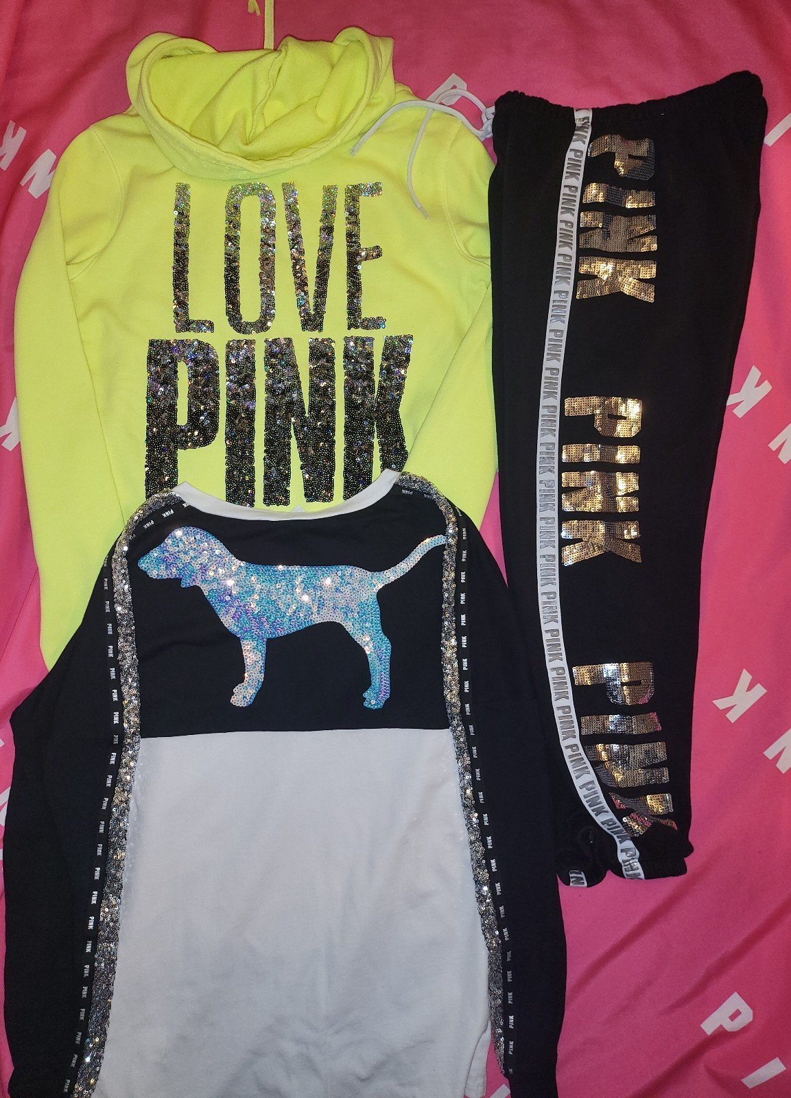 VICTORIA SECRET PINK 3 piece BLING SEQUIN OUTFIT **SMALL