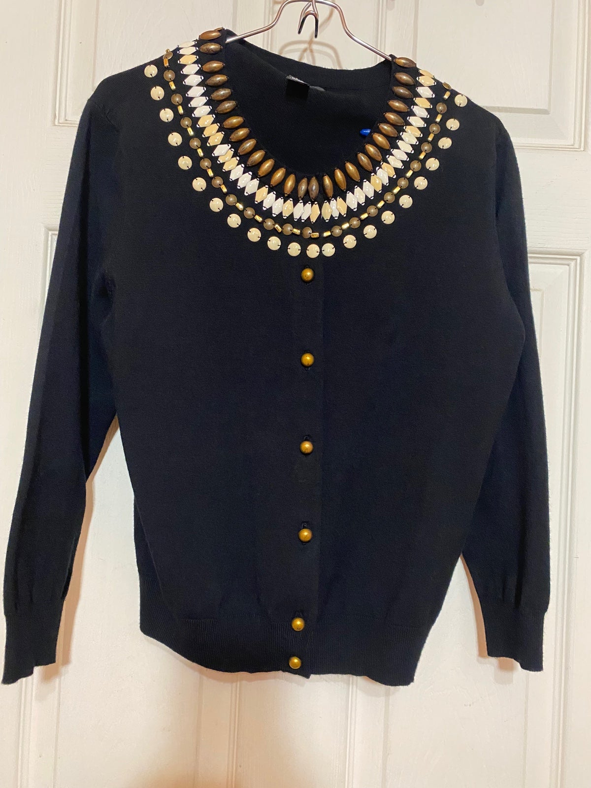 Vintage Beaded Cardigan Sweater Alfani Black Rayon Nylon Intricate Bead Pattern