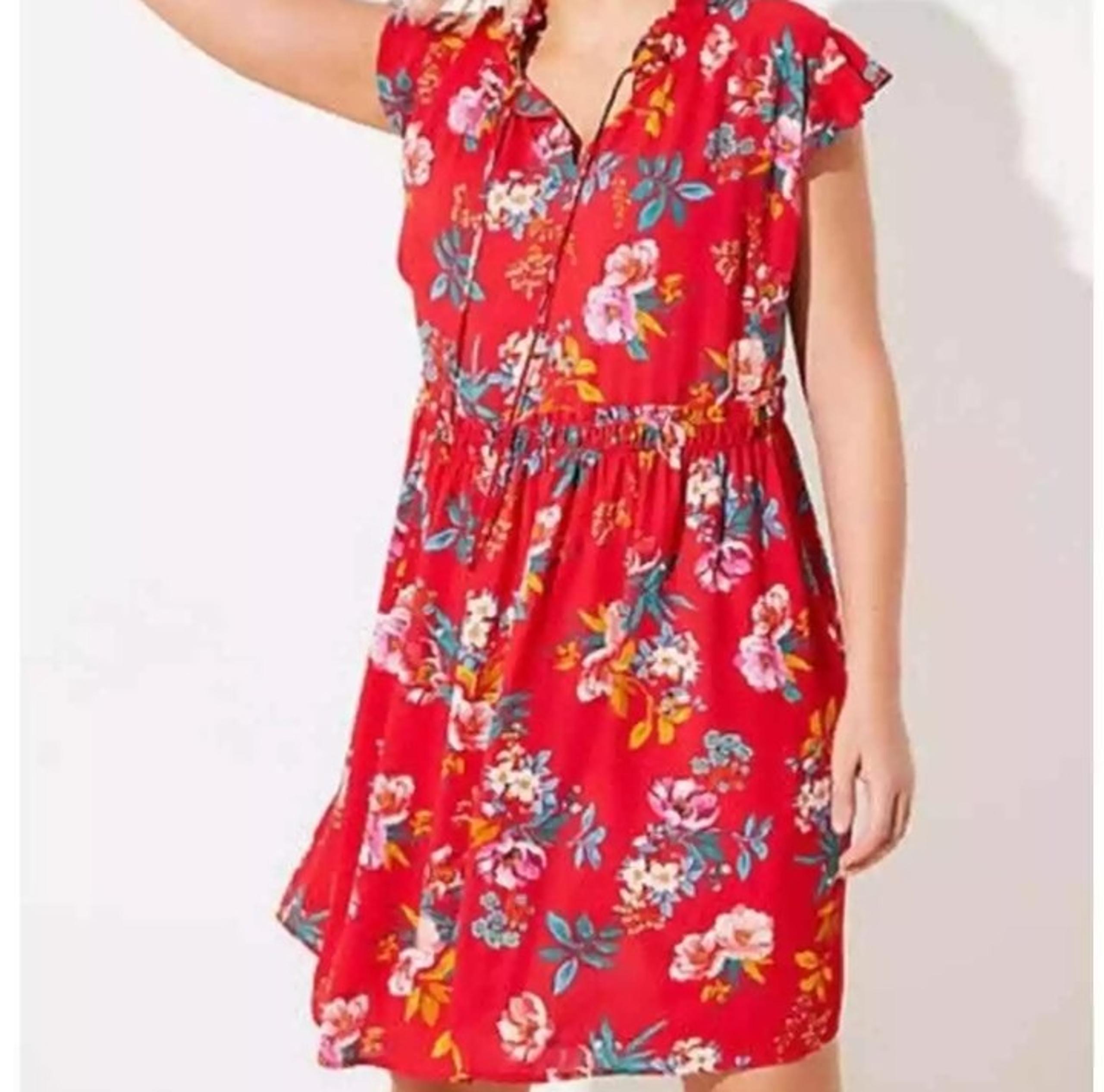 LOFT Red Floral Smocked Swing Tie Neck Dress 18