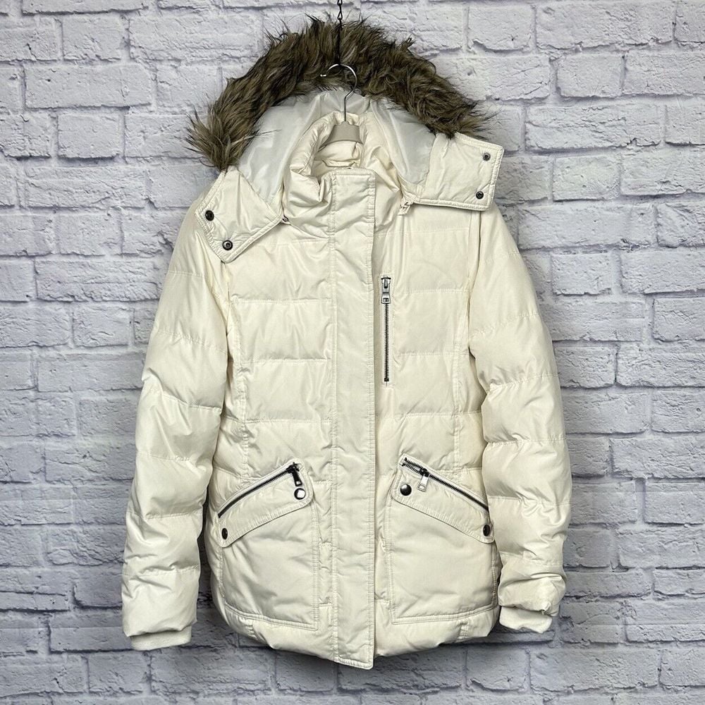 A.N.A. Down Puffer Coat Parka L Ivory Detachable Faux Fur Hood Feather Quilted
