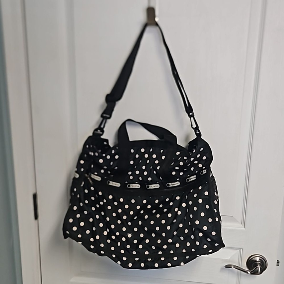 LeSportsac Candace Classic Weekender Duffle Bag in Black Cream Polka Dots