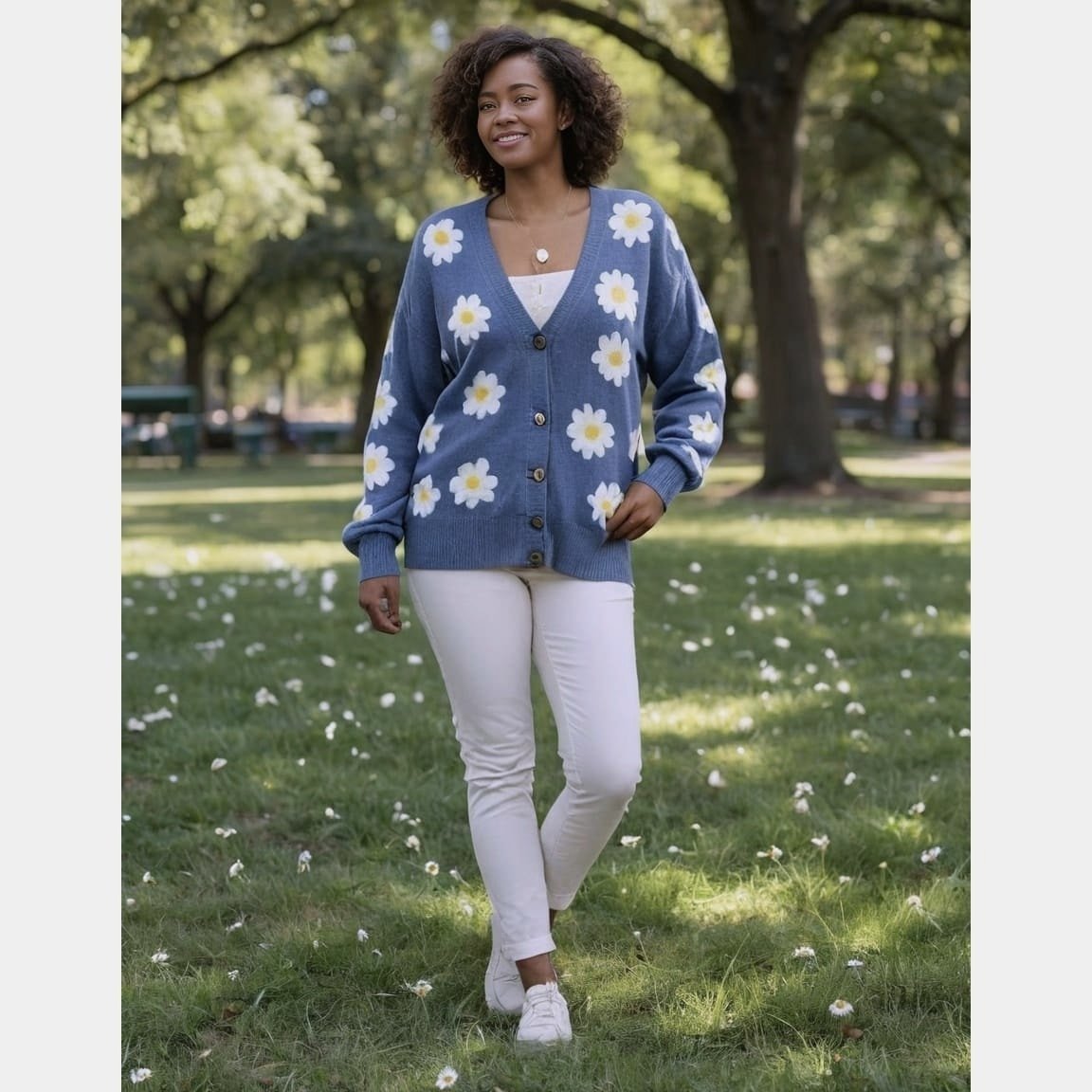 WILLOW & WIND WOMEN'S CARDIGAN SWEATER BLUE DAISIES BUTTON FRONT MEDIUM-NWT