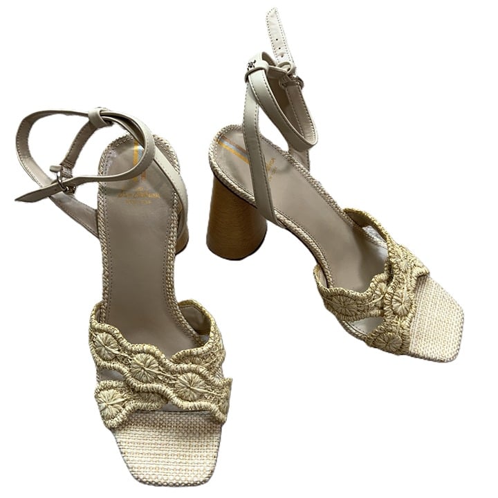 Sam Edelman Womans Natural Block Heel Ankle Strap Square Toe Woven Heels Sz 8.5