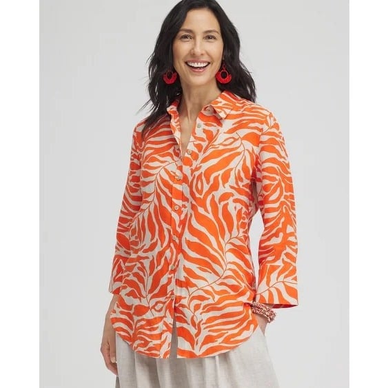 NWT Chicos No Iron Fitted Linen Palms Shirt Sz 0 (US 4) Button Up Blouse Orange