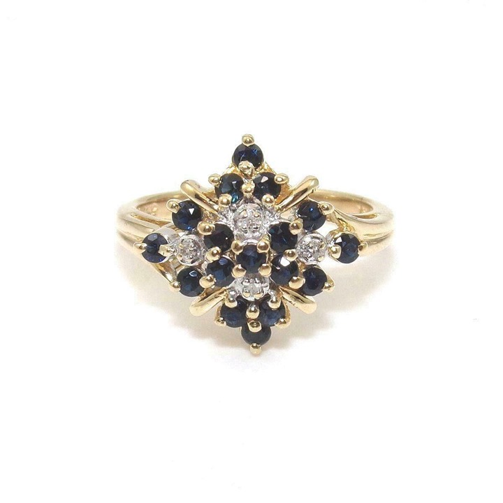 14K Yellow Gold Ring Size 6.5 Natural Sapphire Diamond Cluster