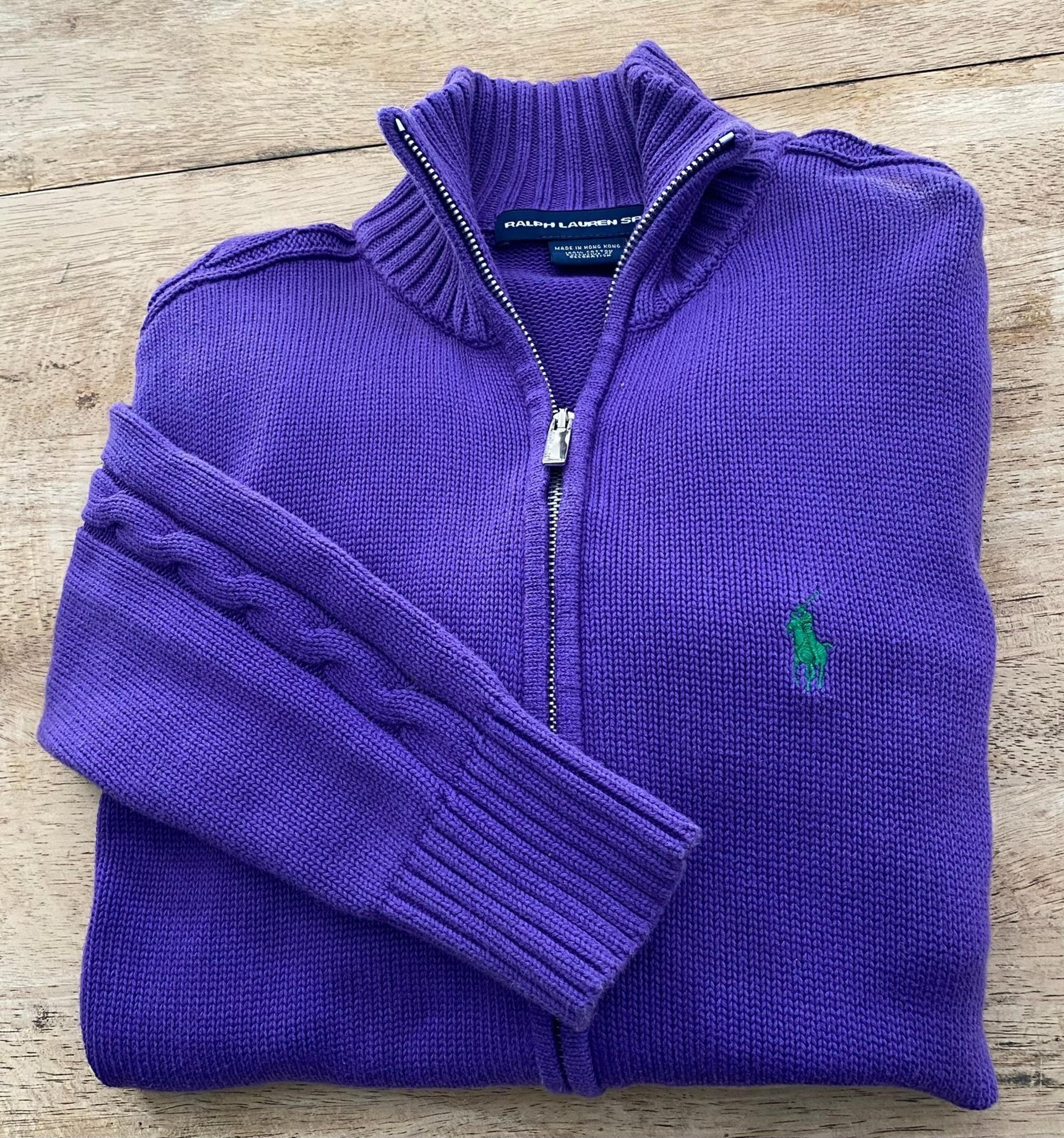 Ralph Lauren Sport Women’s Sz L Purple Ribbed Chunky Knit Full Zip Sweater