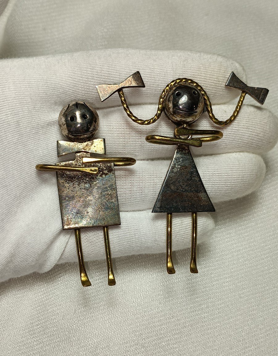 Vintage Lot Of 2 Mexico Sterling Silver Funny Girl & Boy Mexico Pin Brooch 31 g