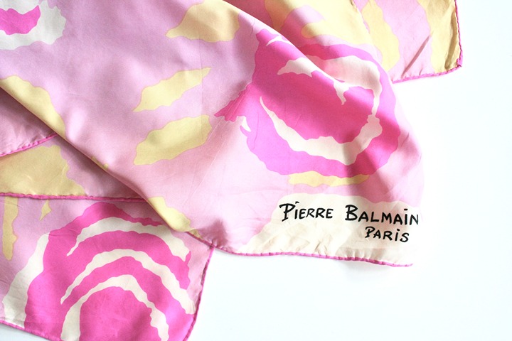 Vintage Pierre Balmain Paris silk scarf mod floral abstract pink yellow large
