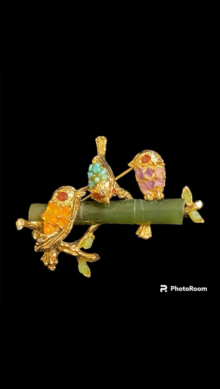 Vintage SWABODA BROOCH 3 birds perched on branch
