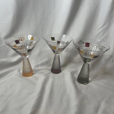 Mindy Sand 2010 Martini Glass Set Of 3 Conical Shape Colored Stem Hand painted