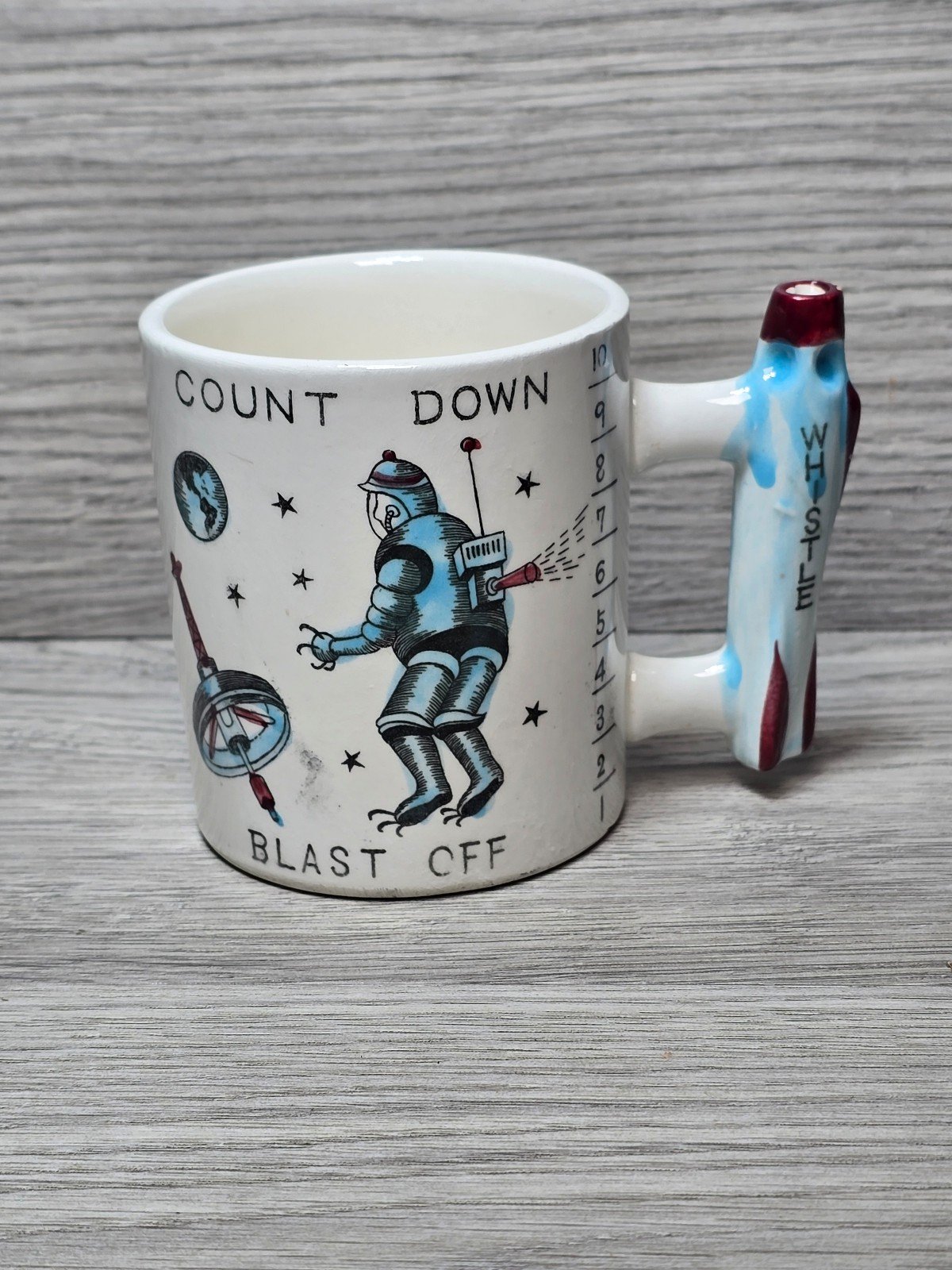 1950s RARE Whistle Cup Mid Century Count Down Blast Off Japan Rocket Kid Mug