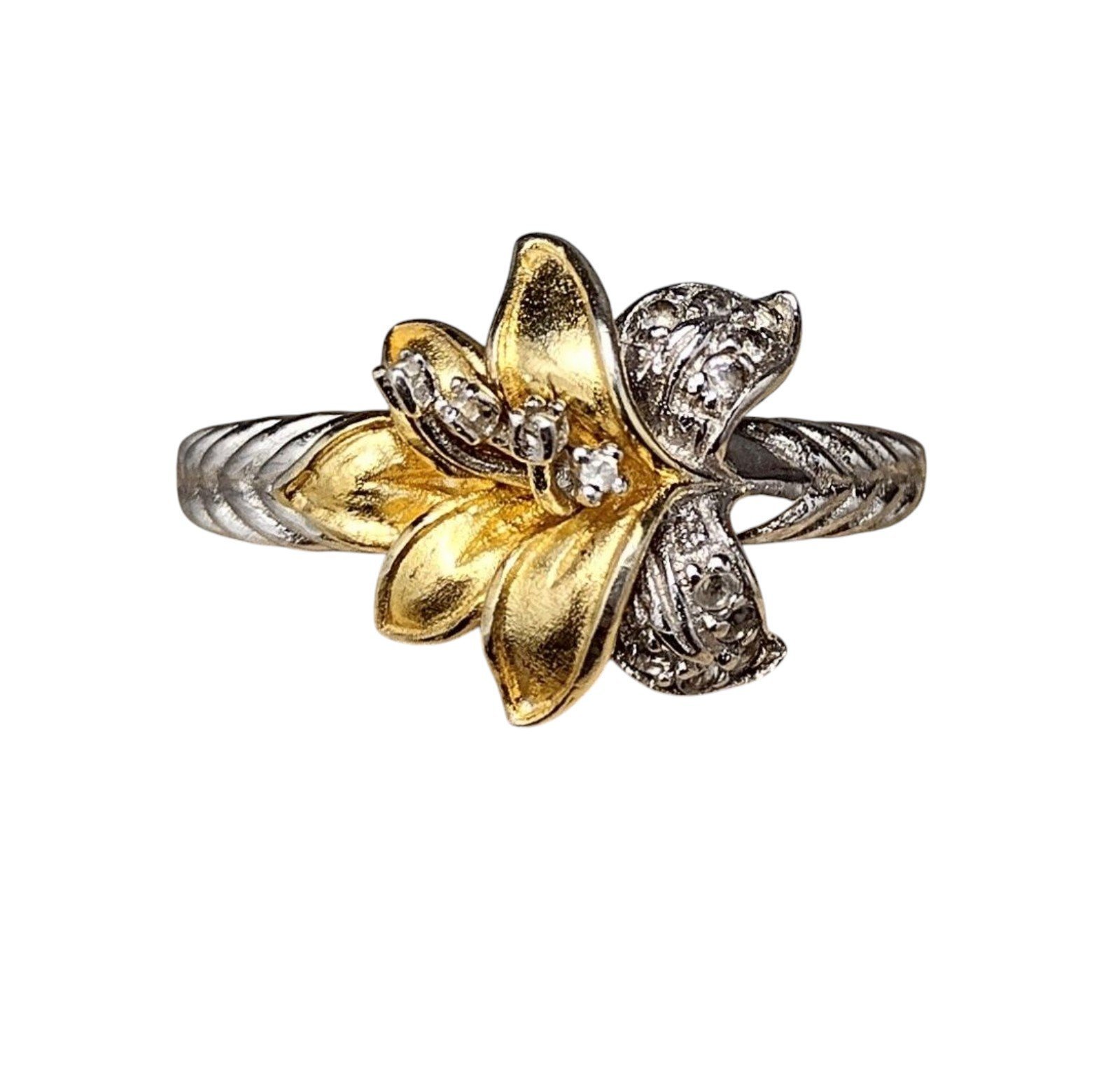 14 Diamond Gold Vermeil Sterling Silver Tiger Lily Ring Size 10