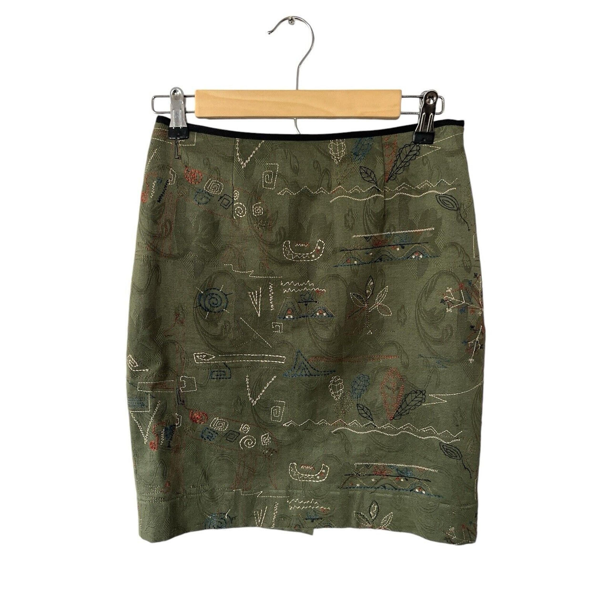 Meadow Rue Anthropologie Olive Green Embroidered Pencil Skirt Size 0