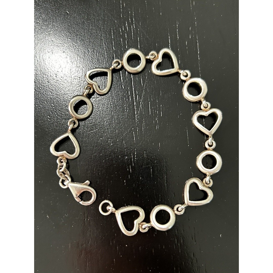 Vintage Bracelet Silver 925 Heart Links Charms Circles 7” Italy