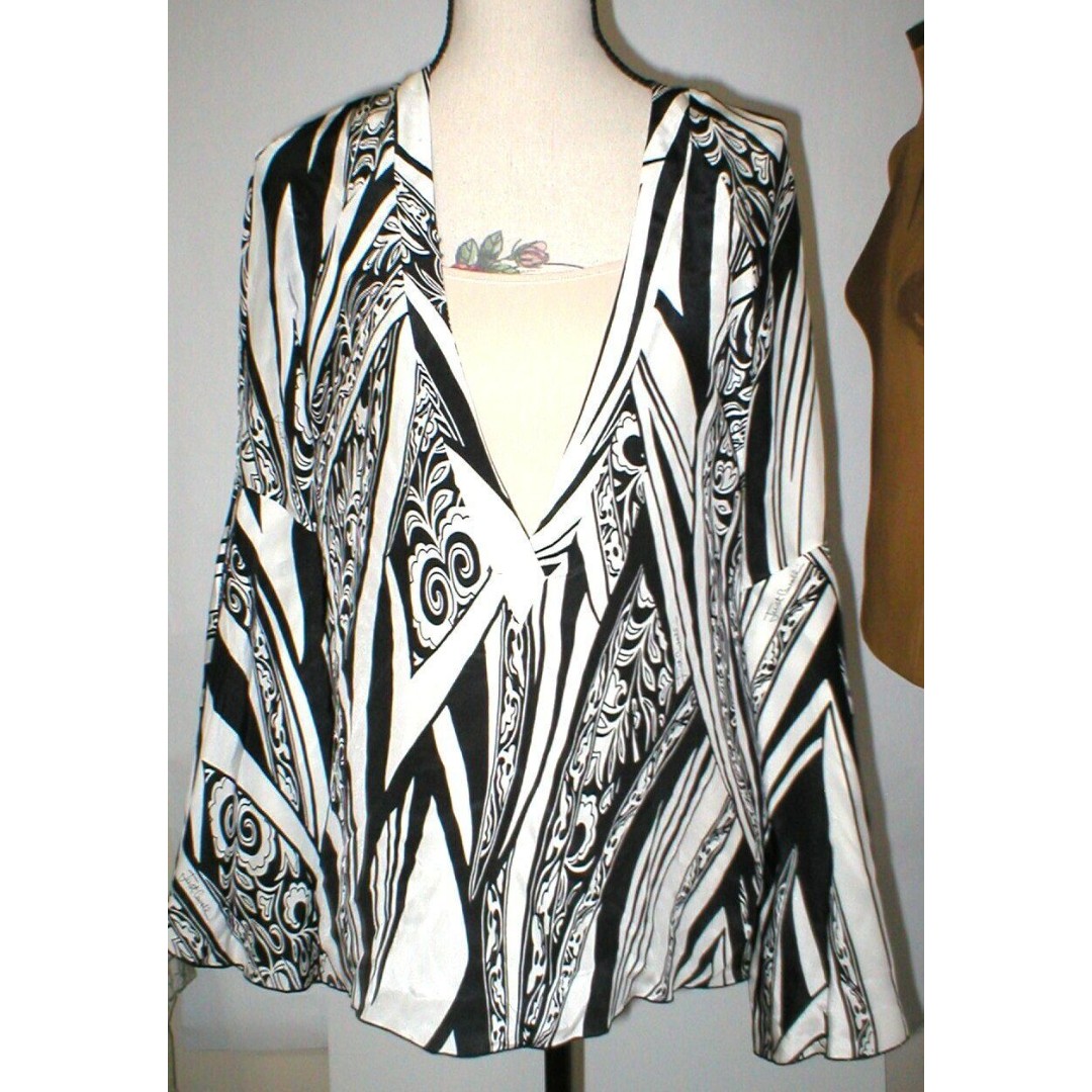 New NWT Womens 10 Italy Designer Silk Blouse Just Cavalli 46 Black White Bell