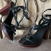 NIB women Sz 10M black high heel strap ankle wrapped glam sandals