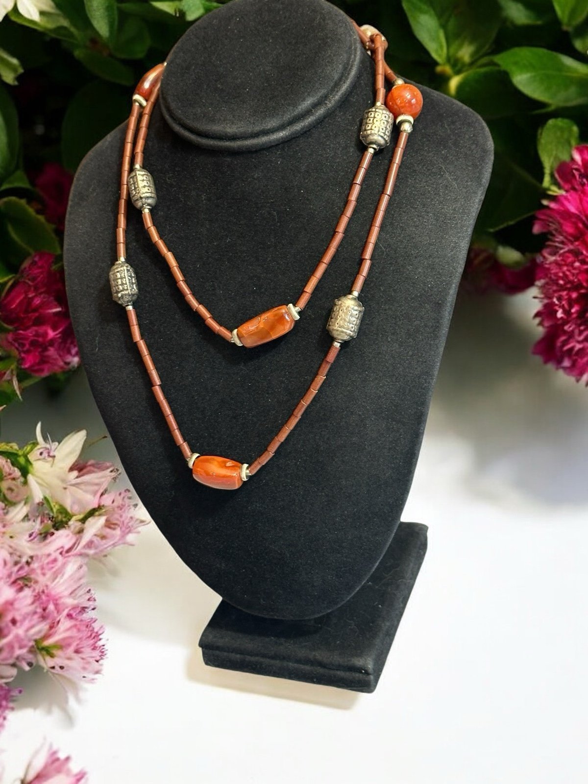 Handmade Sterling Silver, Carnelian, Heishi bead, Necklace and Earrings Set