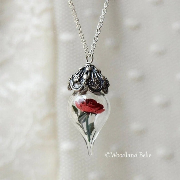 84.9 Beauty & the Beast Rose Necklace - Sterling Silver Red Rose, Glass Flower