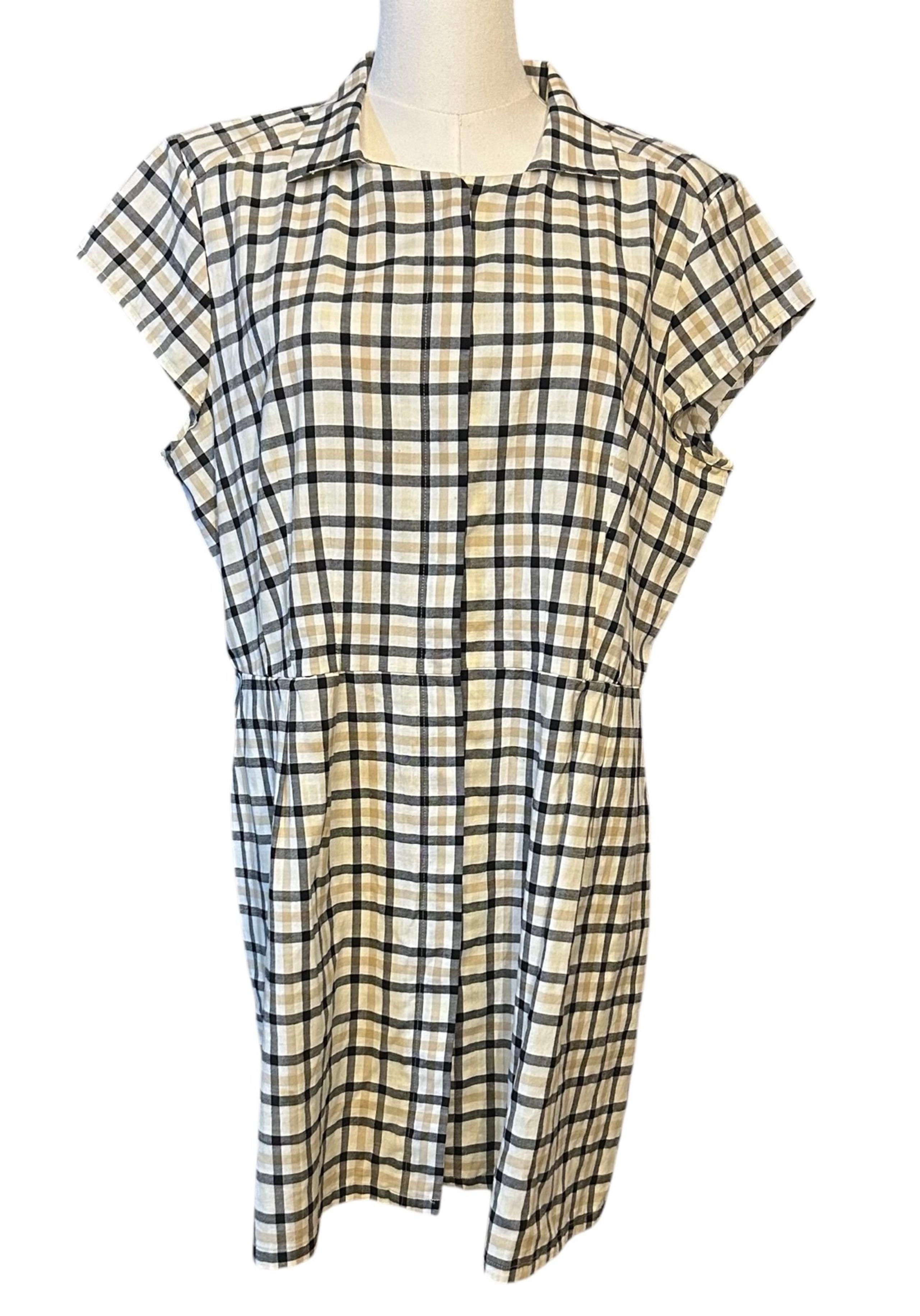 Pendleton Plaid Mini Dress Sz 16 Womens Navy Blue Tan Short Sleeve Button Front