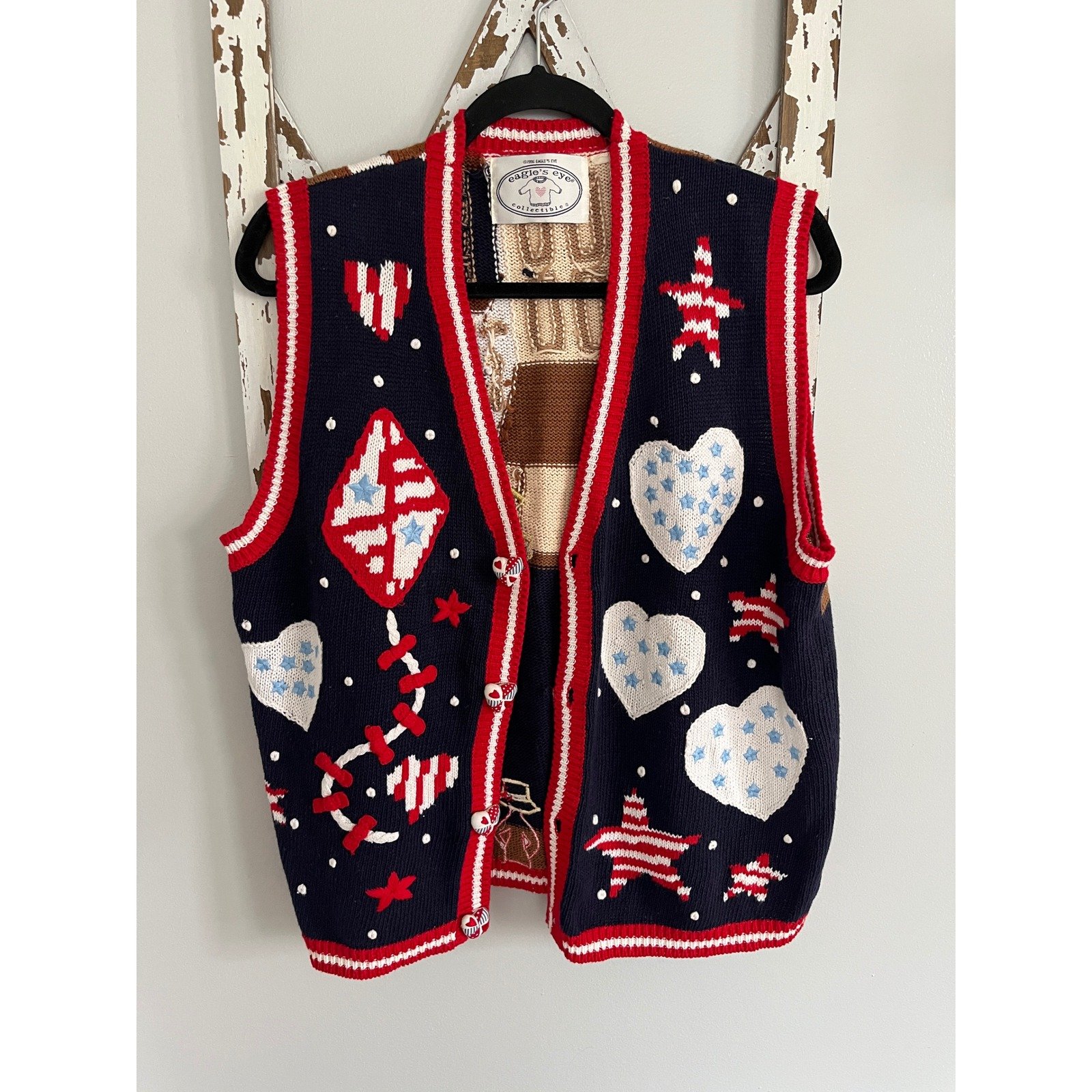 VTG 1996 Eagle's Eye Patriotic Parade Sweater Vest Embroidered Knitted L