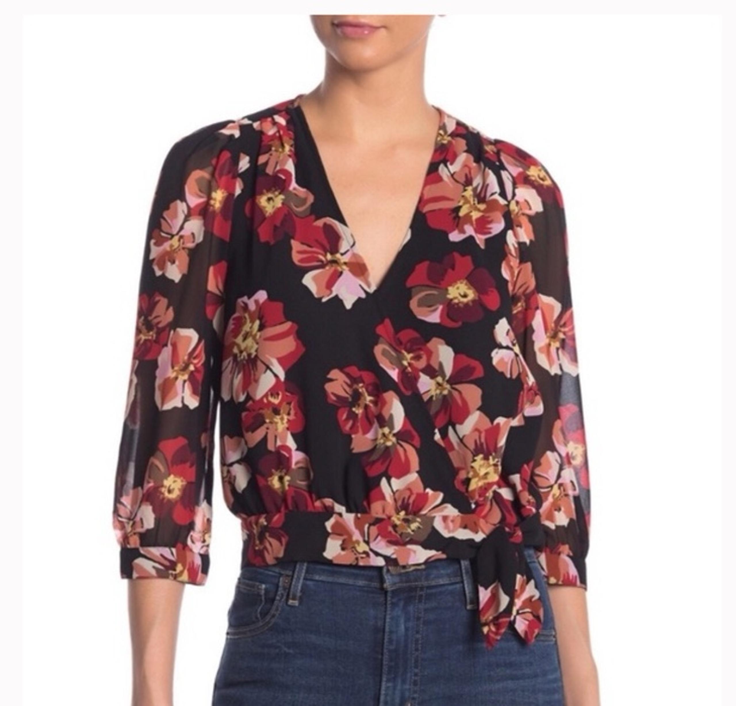 Madewell Size Large Black Floral Wrap Blouse