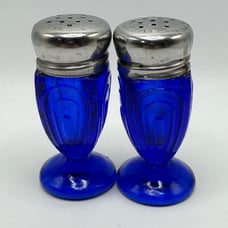 Vintage Cobalt Blue Depression Glass Salt Pepper Shakers Art Deco Design