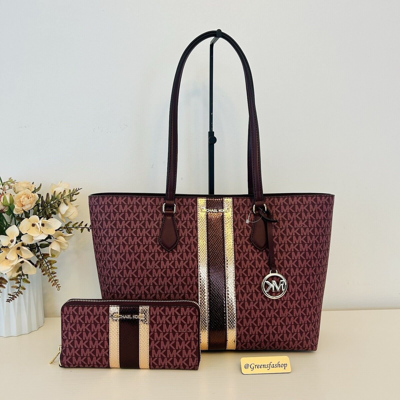 Michael Kors Purse & Wallet Sheila Large Signature & Metallic Tote Bag Oxblood