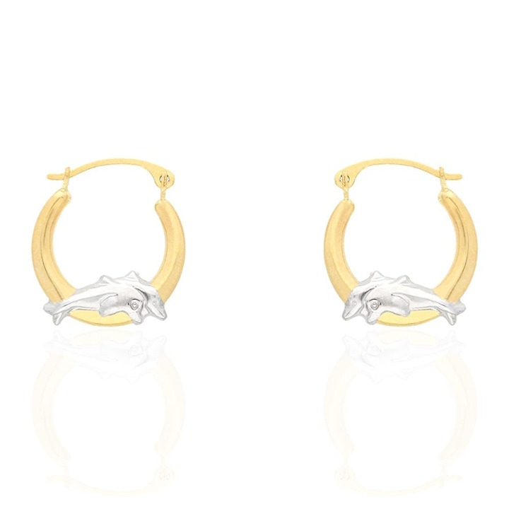 14k Yellow and White Gold Two-Tone Dolphin Hoop Earrings