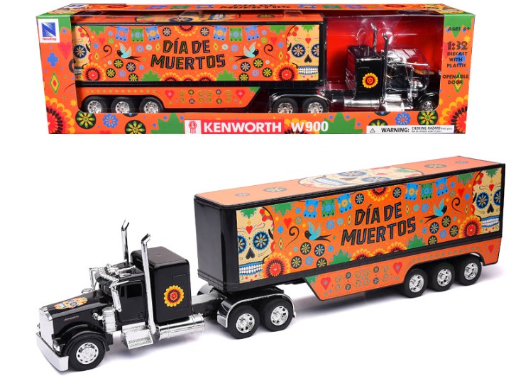 Kenworth W900 Truck Black with Graphics and Dry Van Trailer Dia De Muertos