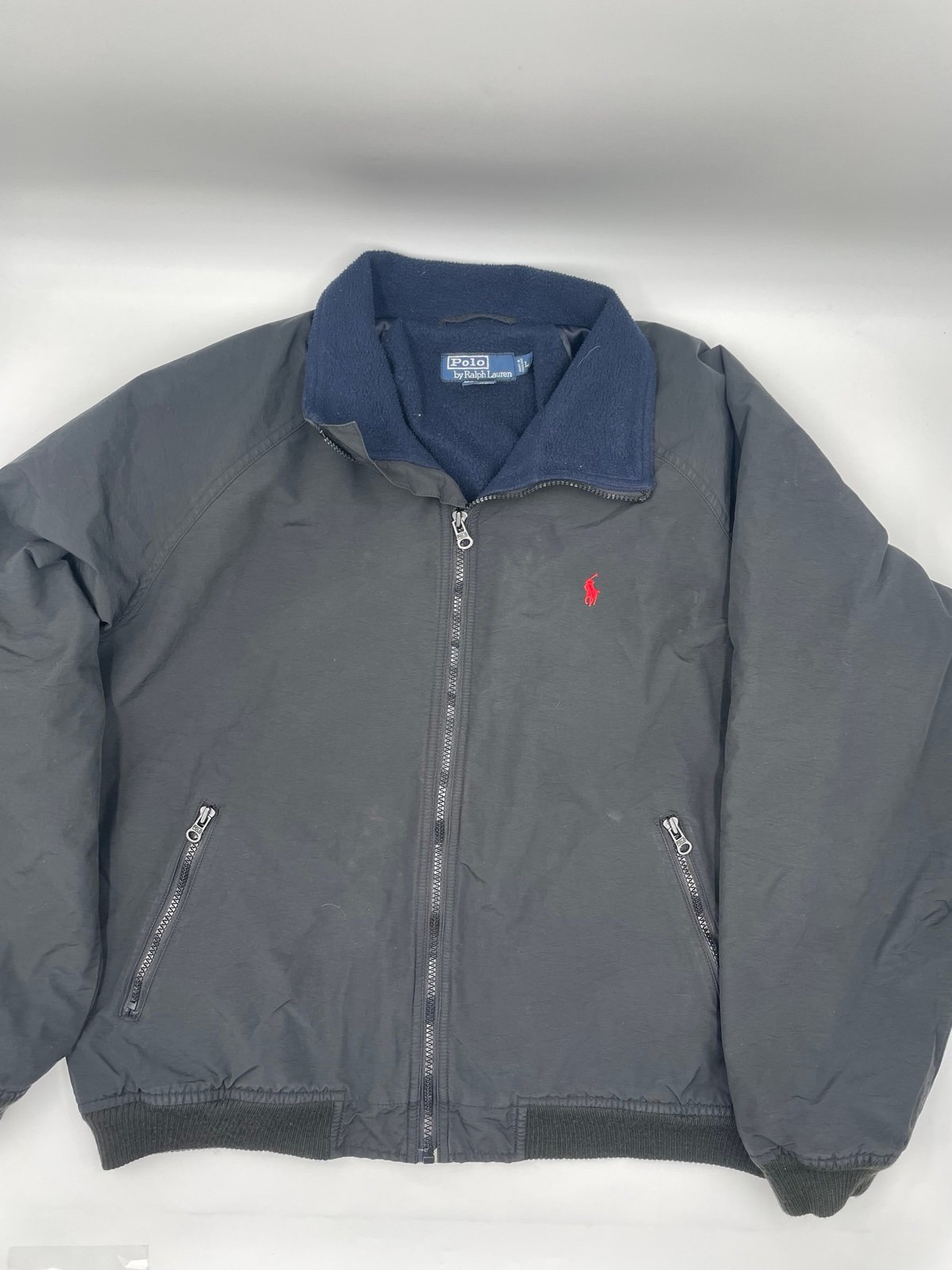 Polo Ralph Lauren Vintage Black Bomber Jacket Large Retro 90s Fleece Quilt Lined