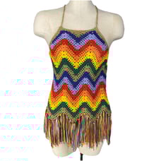 Judith March Top Womens S Rainbow Happy Hippy Crochet Halter Fringe Festival