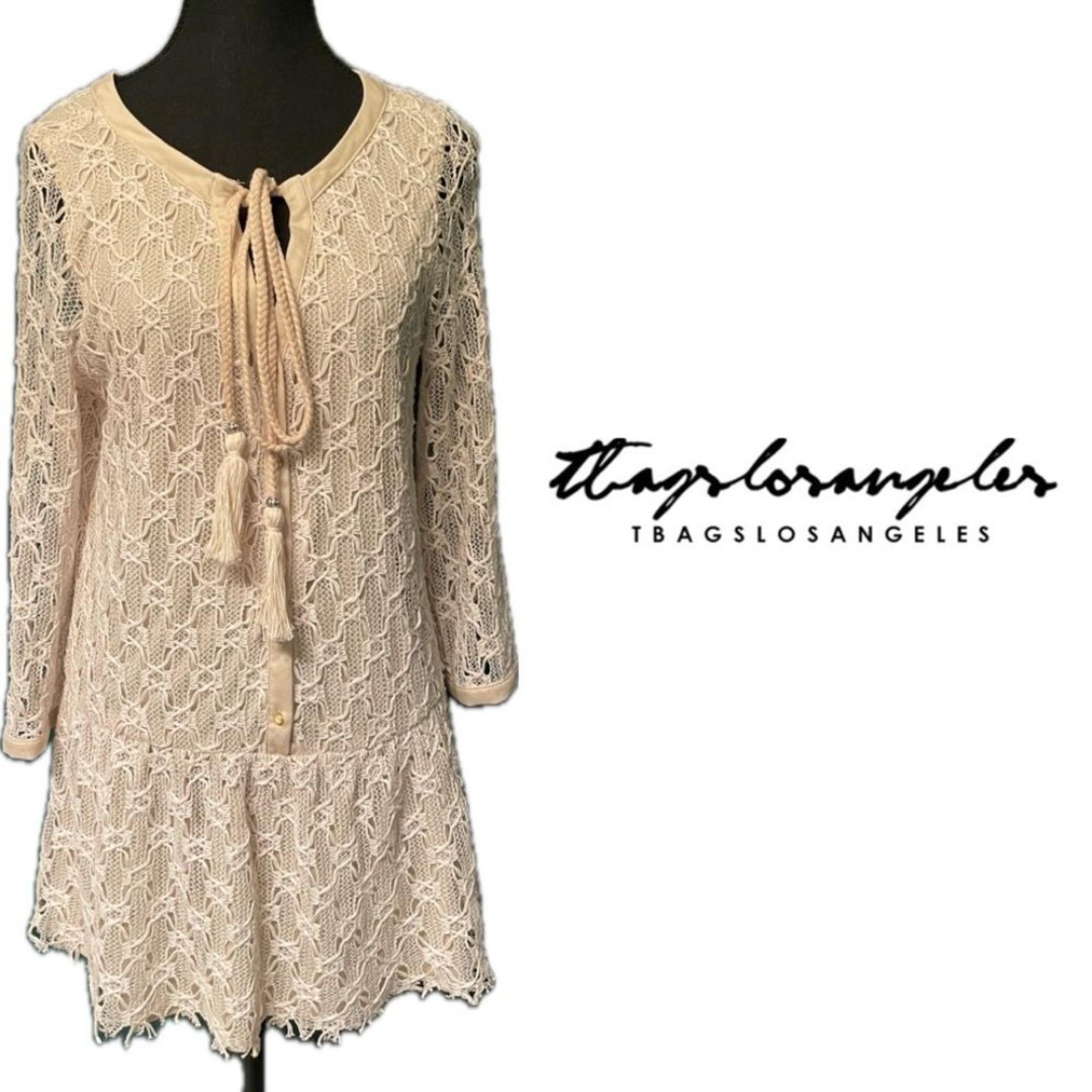 NWT T-bags Los Angeles Crochet Lace Line Cream Boho Mini Dress Beach Cover USA M