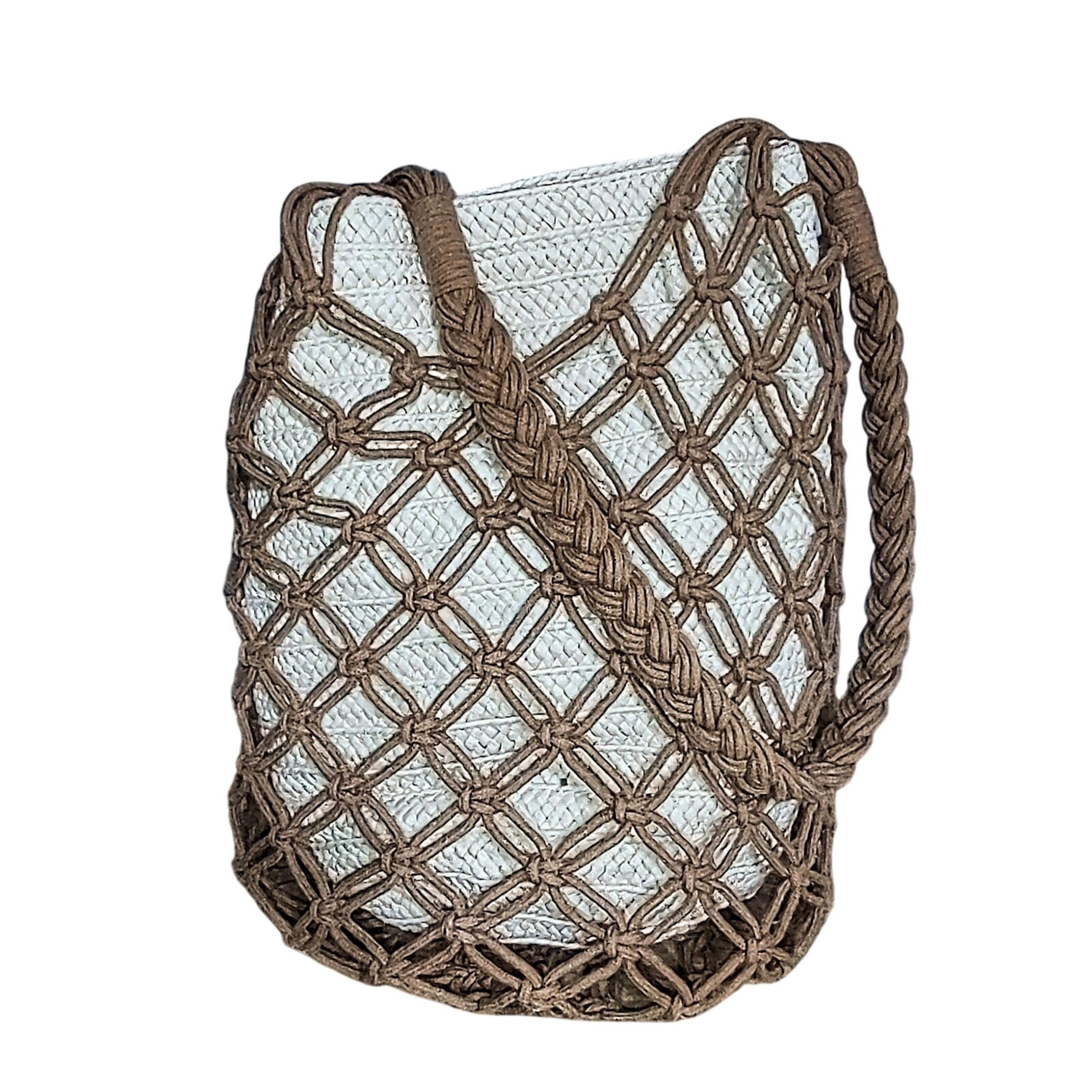 Universal Thread -Cream Woven Straw/Jute w Brown Webbed Macrame Bucket/Beach Bag