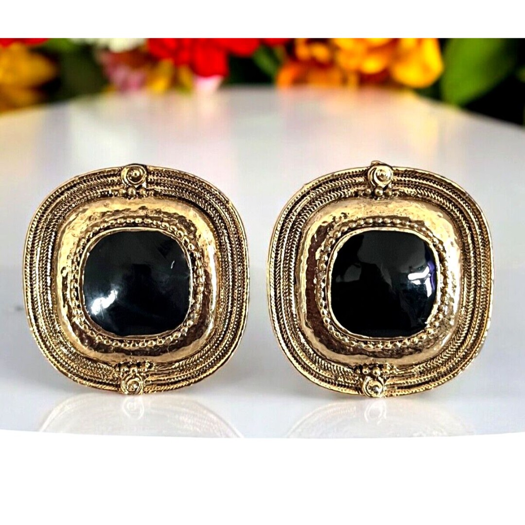Vintage Earrings Gold Tone Black Enamel Oversized Byzantine Etruscan Clip On 9L