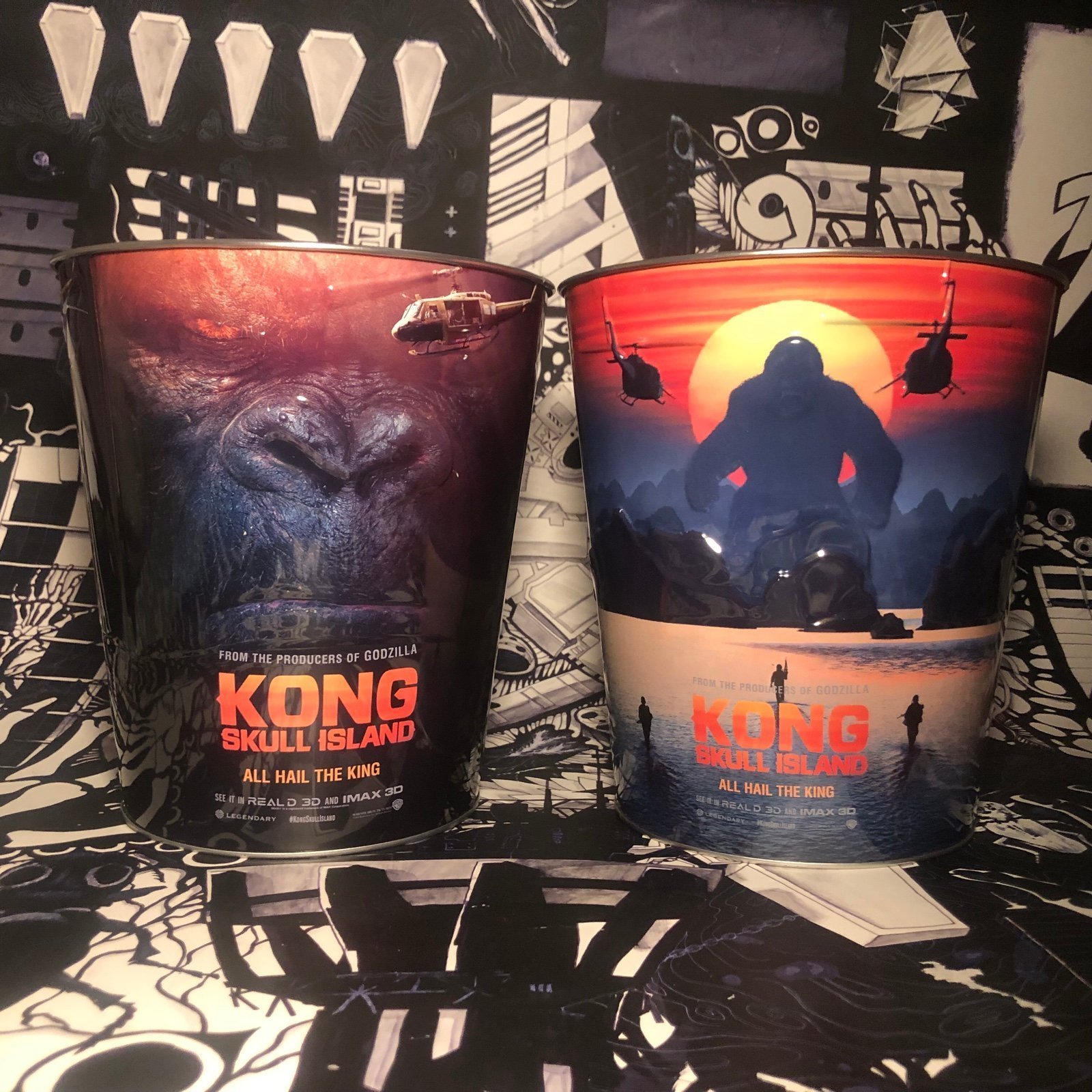 2017 Goldenlink Kong Skull Island 130 oz Popcorn Bucket Tin Tub FULL Set of 2
