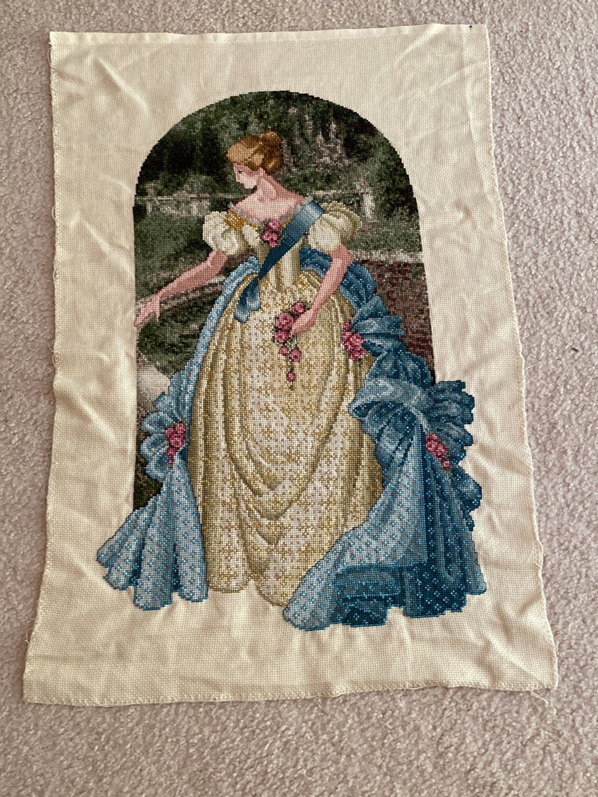 unframed handmade cross stitch regency lady