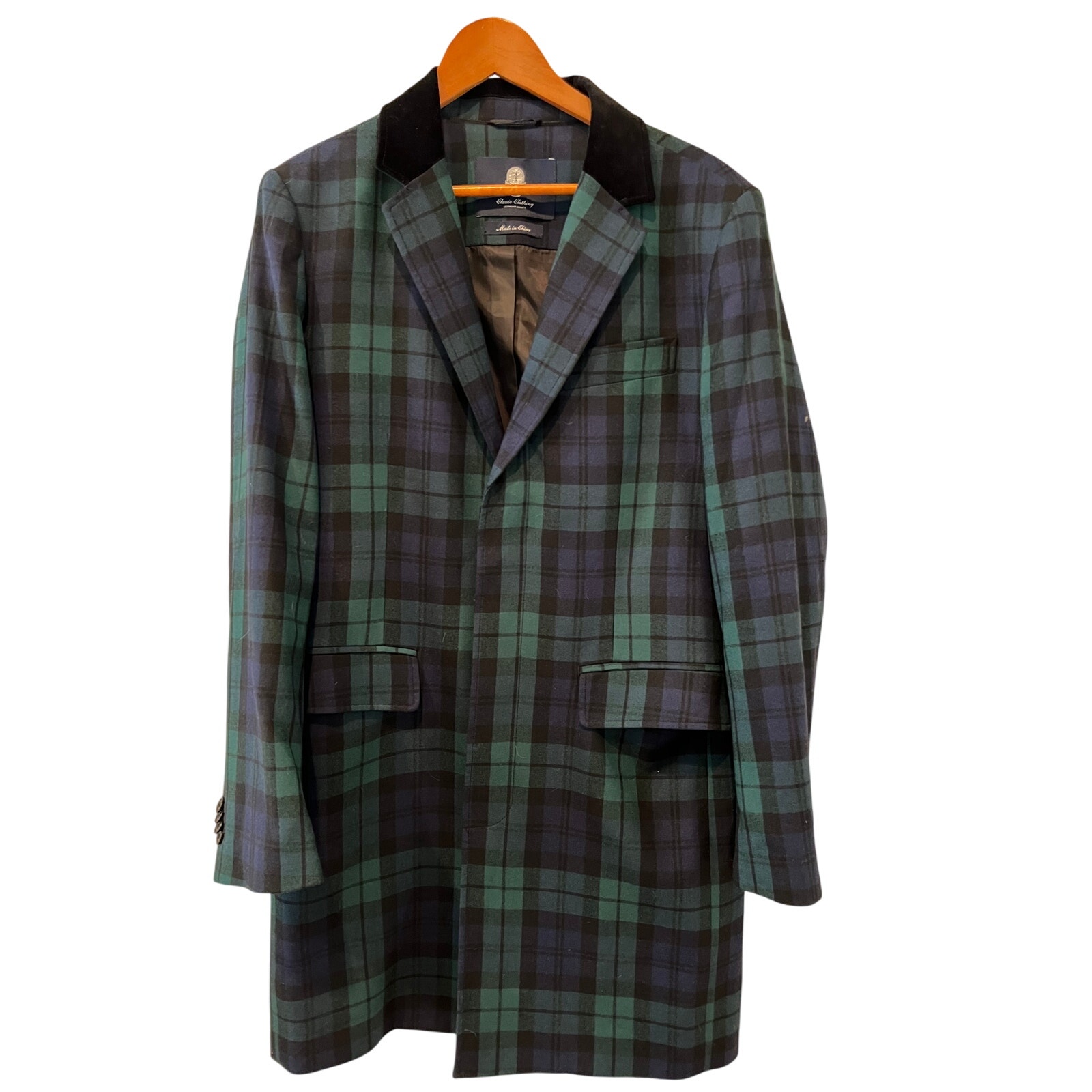 Lands End BlackWatch Plaid Velvet Collar Wool Topcoat 40R