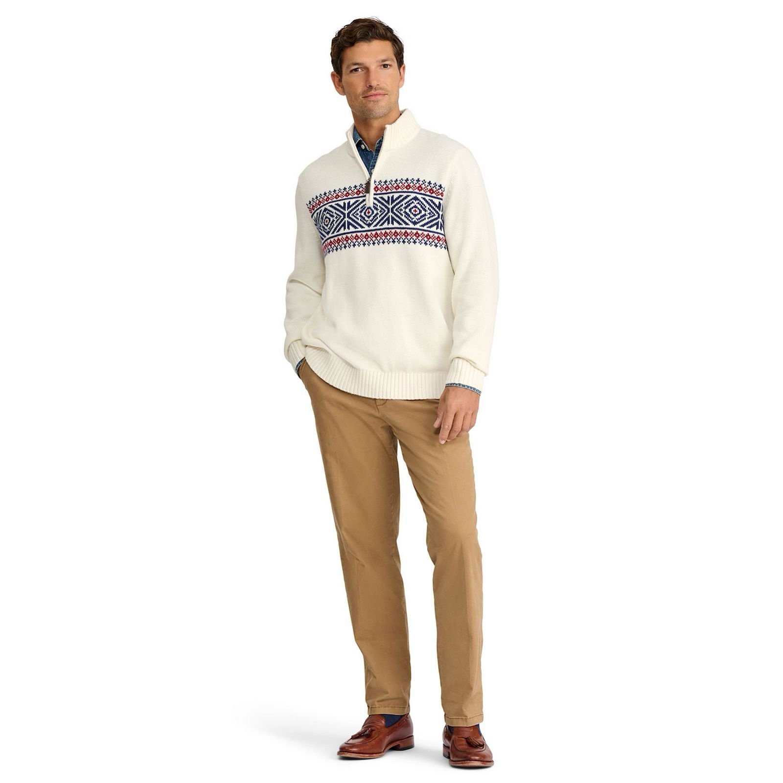 IZOD Fairisle Quarter Zip Westerly Sweater Big Laboski Dude Cream Size Medium