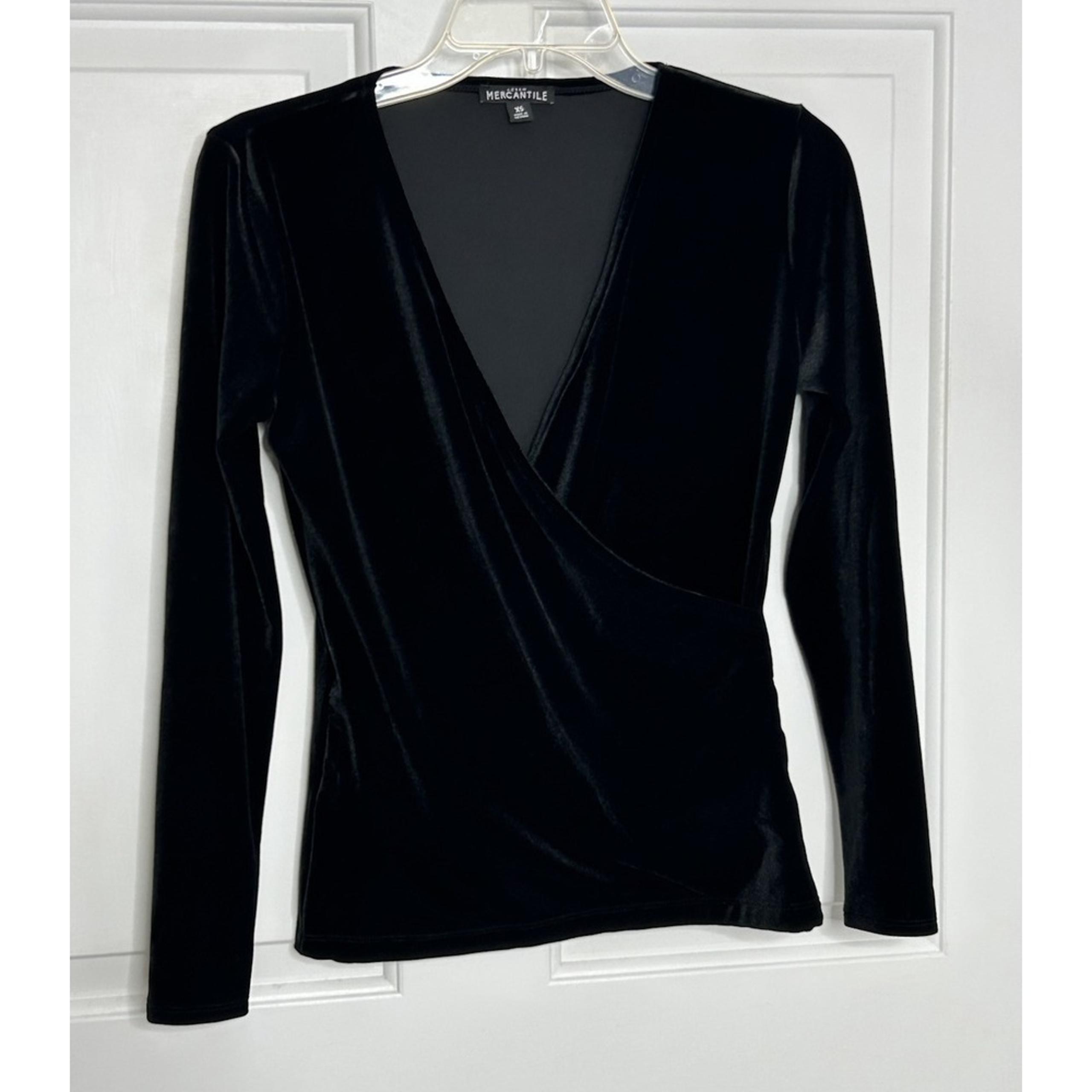J Crew Mercantile Velvet Faux Wrap Blouse Top Women's XS Black Long Sleeve