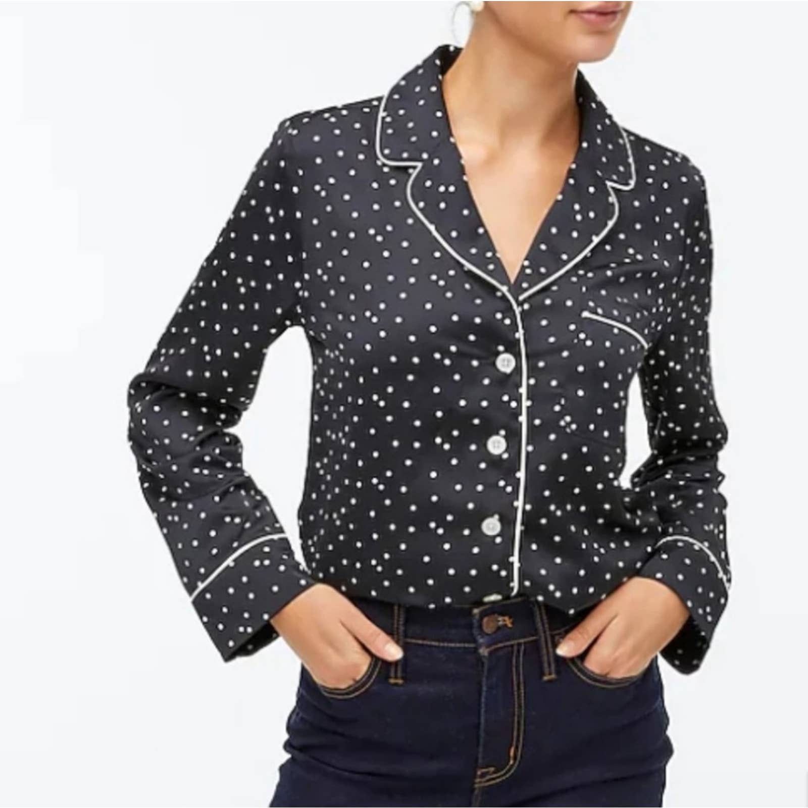 Pajama Blouse Black Ivory Poka Dots Size Large