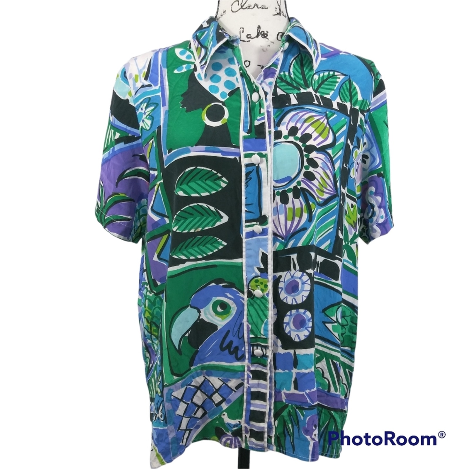 Bob Mackie Vintage Wearable Art Blue Green Print Button Front Artsy Top SZ M