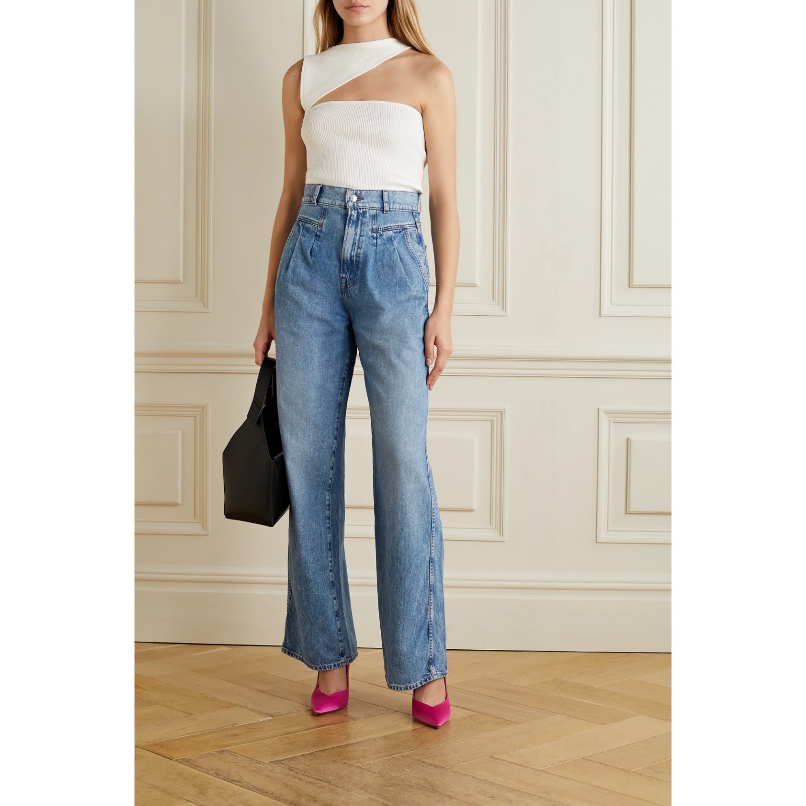 GRLFRND The Morgan High Rise Pleated Wide Leg Jeans Riverside