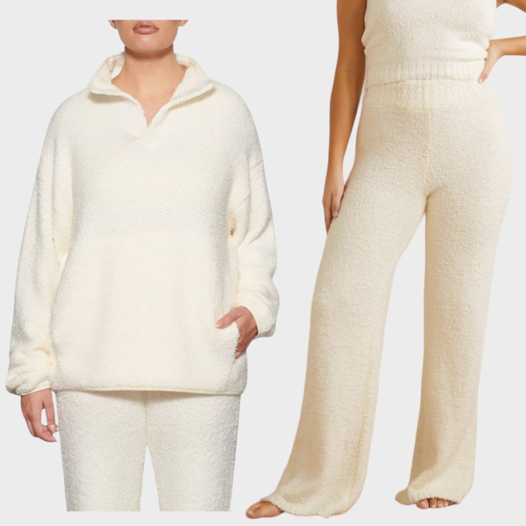 SKIMS Cozy Knit Boucle Set Pullover Sweater Relaxed Pants in Bone Women's M/L