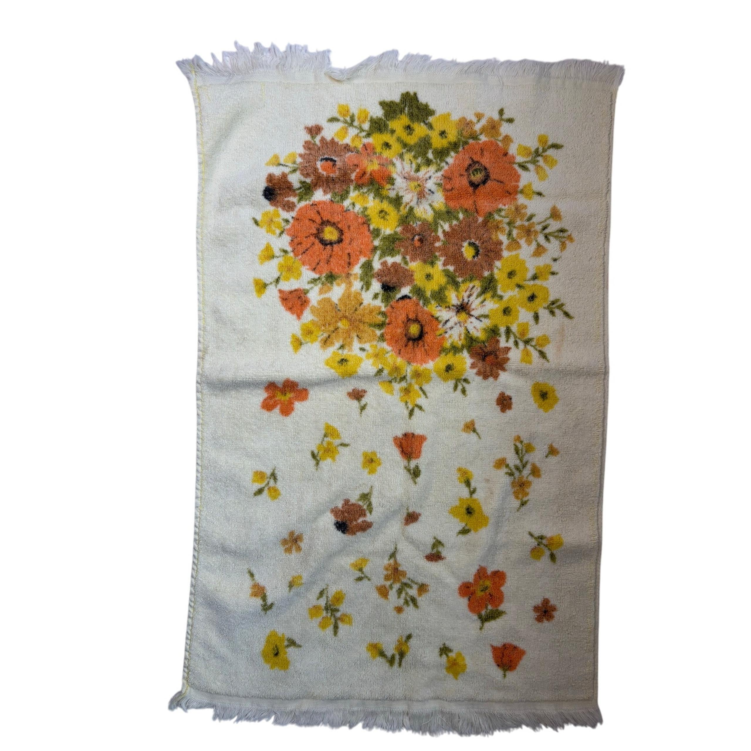 Vintage 70s Bathroom Hand Towel CANNON Cotton Orange Gold Floral Retro